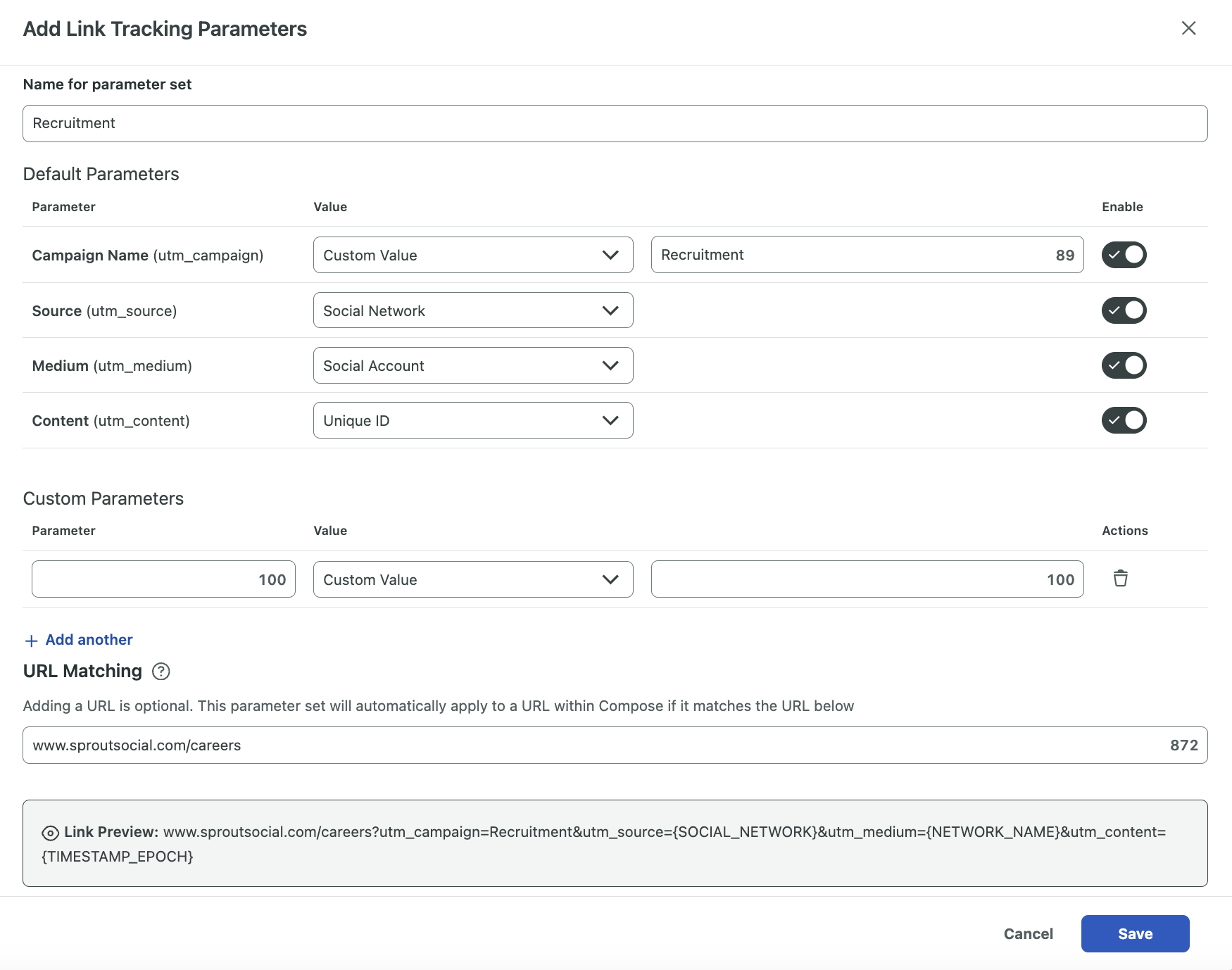 Screenshot of Sprout Social's URL tracking parameters tool