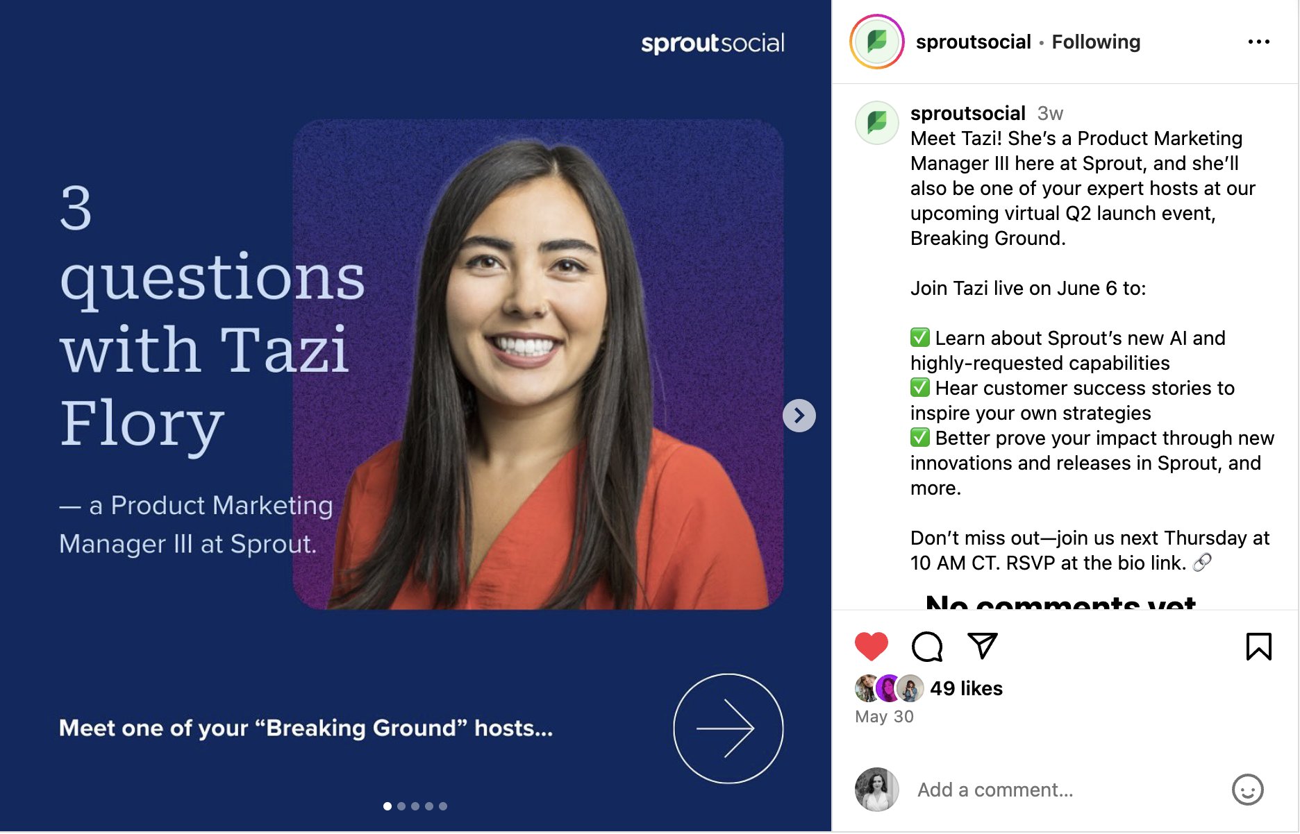 An Instagram Carousel from Sprout Social introducing one of our Product Managers