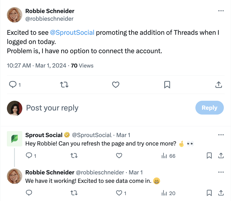 An X Post that shows a conversation between a Sprout user and Sprout Social. The general sentiment is positive.