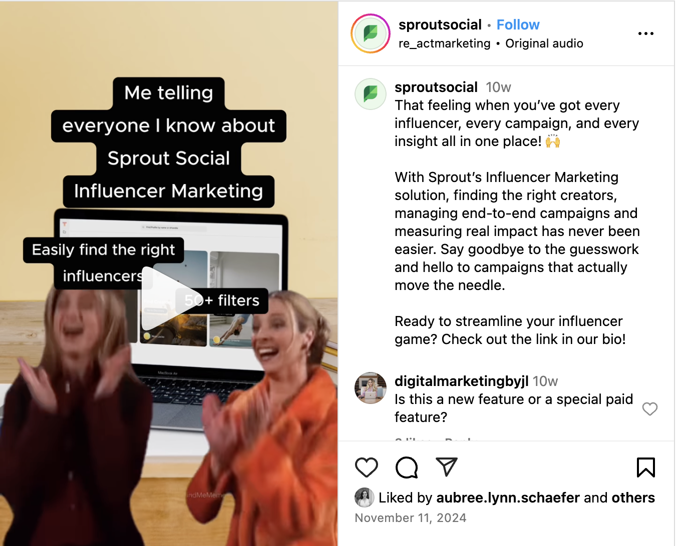An Instagram post from Sprout Social that utilizes a popular meme from the iconic show "Friends" to showcase Influencer Marketing platform features