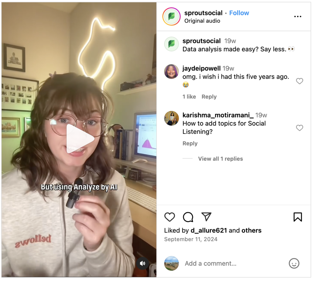 An Instagram post showing how Sprout's Analyze by Assist helps save time in reporting.