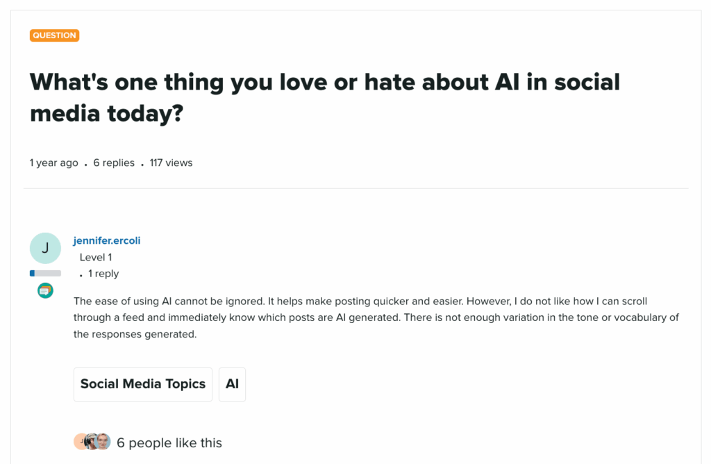 Q&A from the Arb on AI where community members discuss the one thing they love or hate about using AI in social media