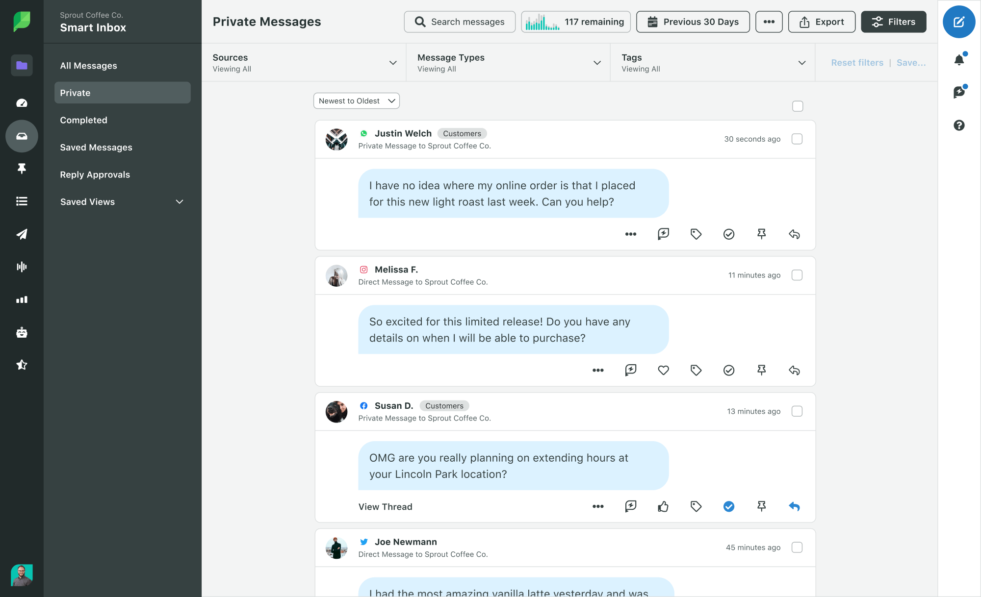 The dashboard screen for Sprout's Smart Inbox feature