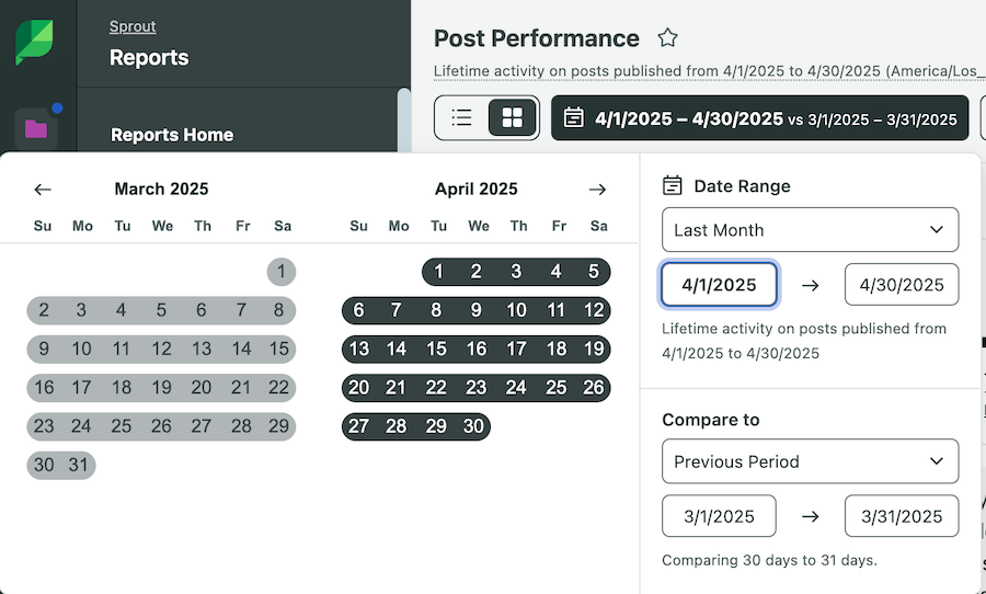 Setting custom date range in Sprout