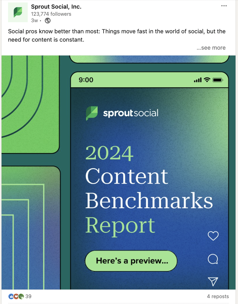 linkedin post from sprout with the 2024 content benchmarks report as a native document