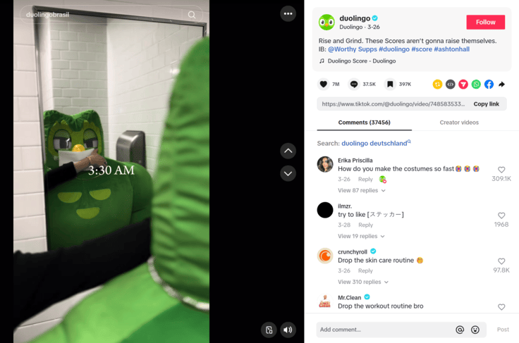 A TikTok post from Duolingo.
