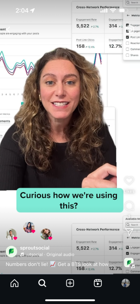 An Instagram Reel featuring Sprout Social's Vice President of Brand and Social explaining the value of Sprout's My Reports feature. 
