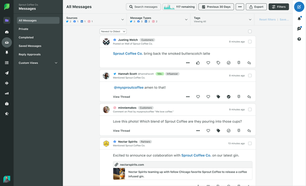 Sprout Social's Smart Inbox tool displaying messages from multiple social platforms in one feed.