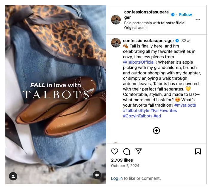 Instagram influencer campaign from Isabella Thorp (@confessionsofasuperager) promoting Talbots