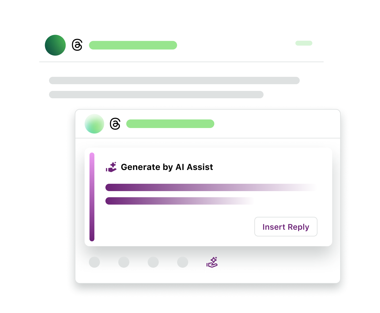 Product UI shows replying to Threads comments in Sprout Social using AI technology.
