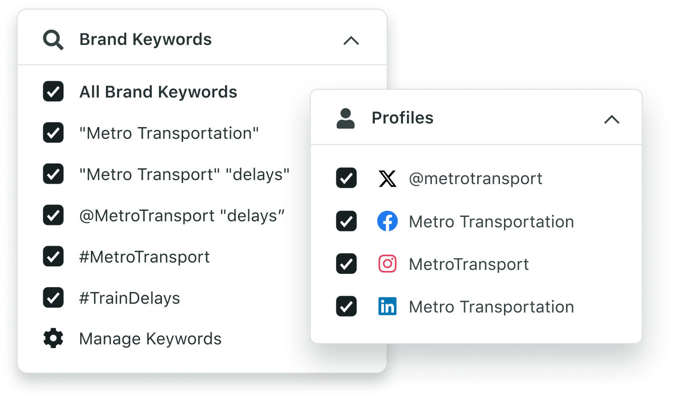 Product screenshot of Sprout’s advanced brand keywords available in the Engagement module.