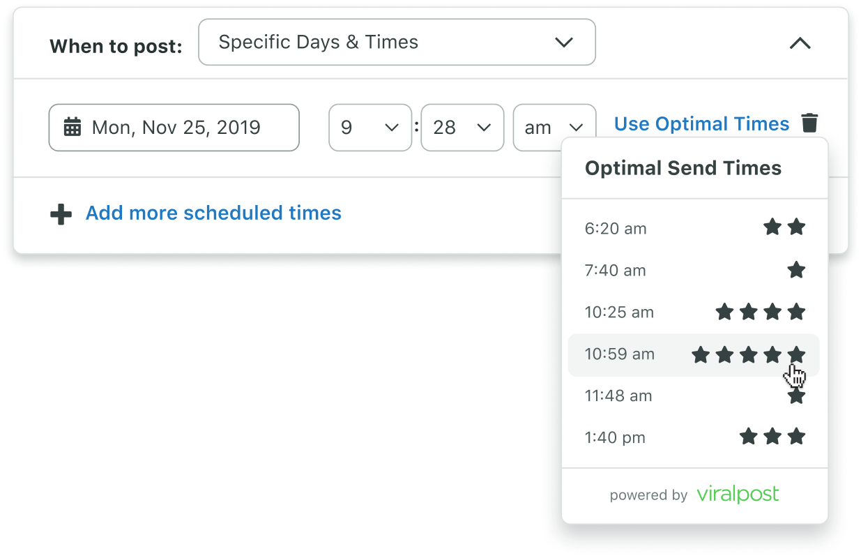 A closer look at Sprout’s Optimal Send Times menu lists six different times, each with star ratings that indicate levels of potential engagement.