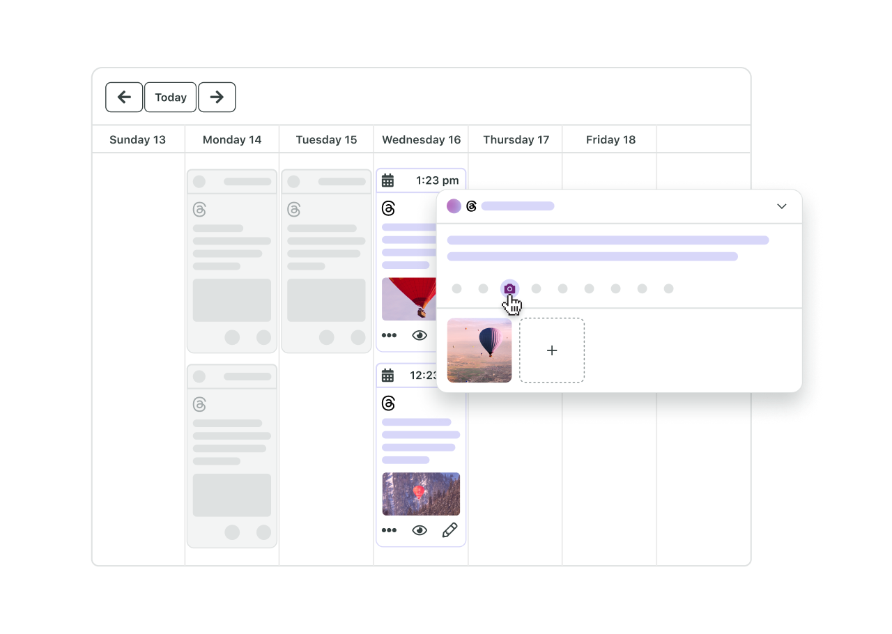 Product UI shows scheduling a Threads post in Sprout Social.